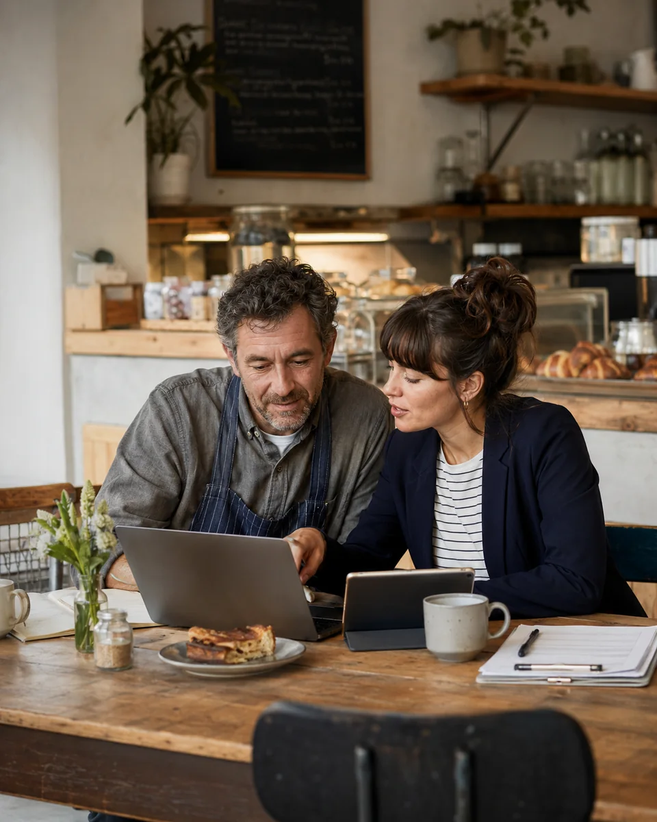Small business owners reviewing website performance together on a laptop