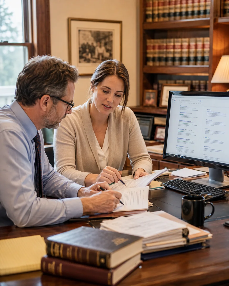 Attorneys reviewing digital information and search visibility in a law office