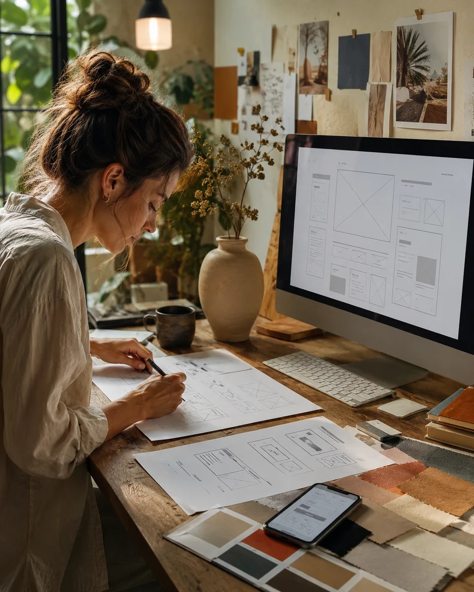 Website designer planning an Aeris client site at a desktop workstation